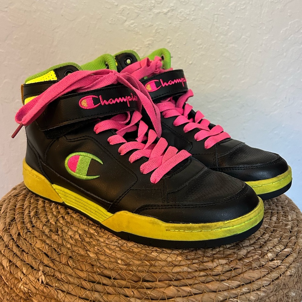 Champion Neon‎ Leather High Top Sneakers Streetwear Retro Pink Black Yellow